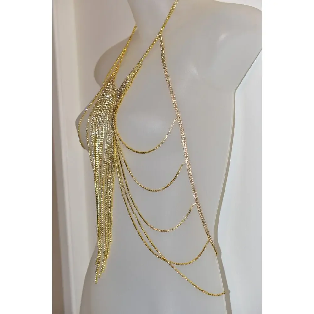 Vintage Body Necklace Top Wrap Rhinestone Crystal Gold Tone Fringe Chain Belt